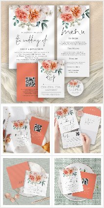 Peach Peonies Wedding Invitation Suite