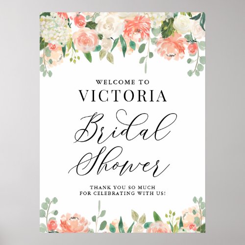 Peach Peony and Hydrangea Bridal Shower Welcome Poster