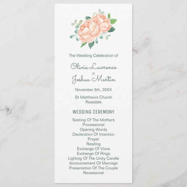 Peach Peony & Eucalyptus Wedding Programs (Front)