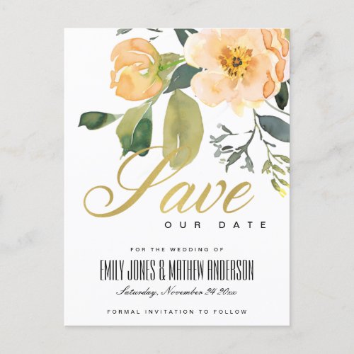 PEACH PEONY FLORAL BUNCH WATERCOLOR SAVE THE DATE ANNOUNCEMENT POSTCARD