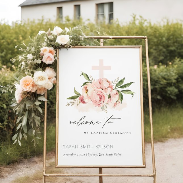 Peach Peony Floral Cross Bunch Baptism Welcome Foam Board (Creator Uploaded)