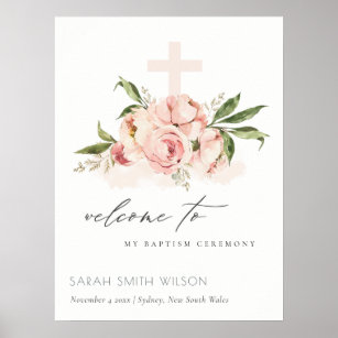 Peach Peony Floral Cross Bunch Baptism Welcome Poster