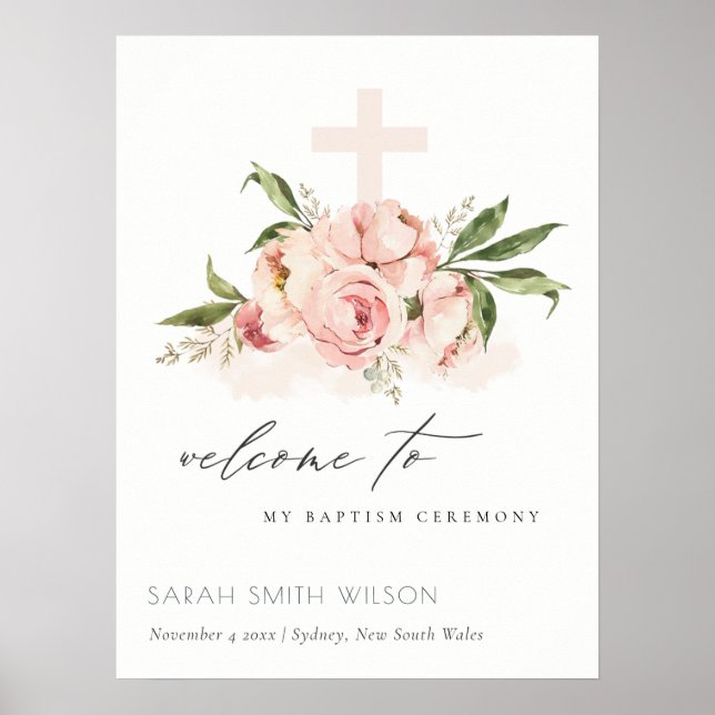 Peach Peony Floral Cross Bunch Baptism Welcome Poster (Front)
