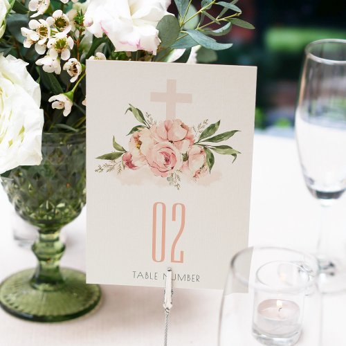 Peach Peony Floral Cross Bunch Baptism Welcome Table Number