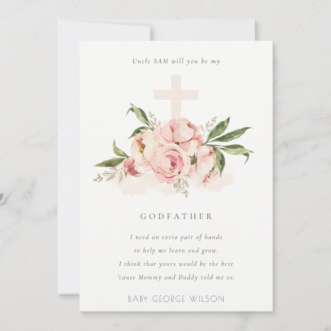 Peach Peony Floral Cross Godfather Proposal Invite (Front)