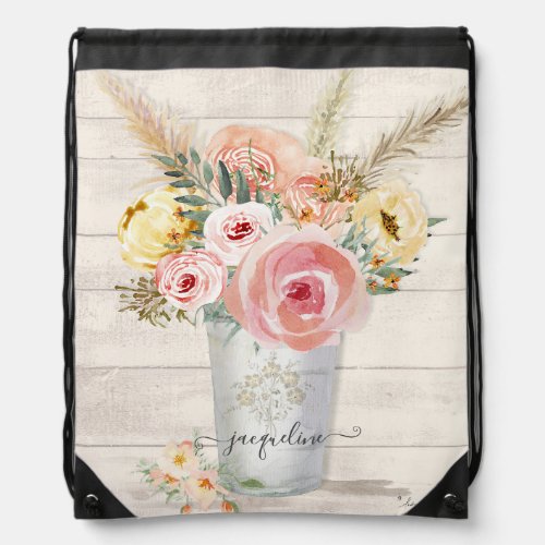 Peach Peony Floral Pampas Rustic  Wood Watercolor Drawstring Bag