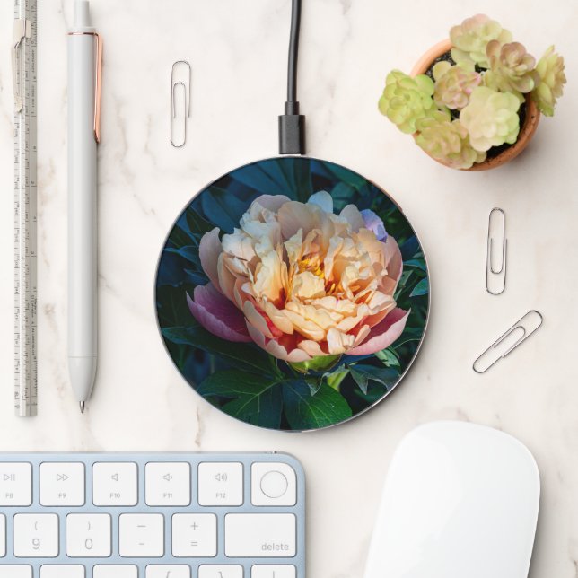 Peach Peony, Flower Photography Wireless Charger (Desk)