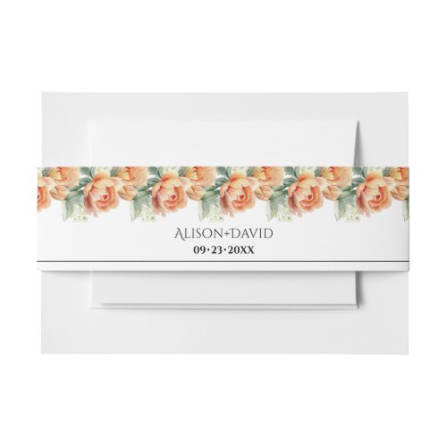 Peach peony flowers and leaves floral wedding invitation belly band