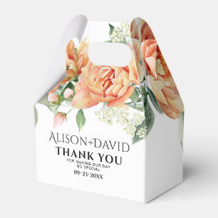 Peach peony flowers and typography wedding favor boxes