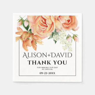 Peach peony flowers and typography wedding napkins