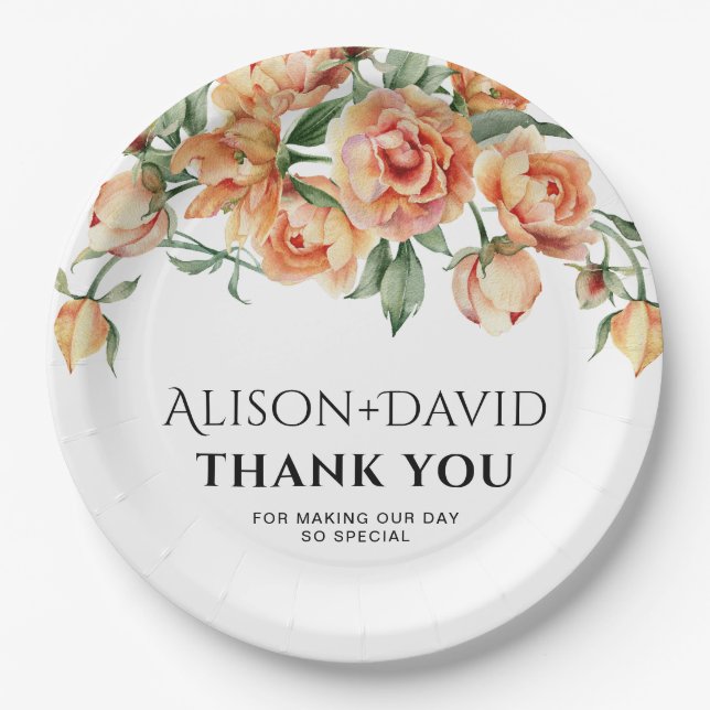Peach peony flowers and typography wedding paper plates (Front)