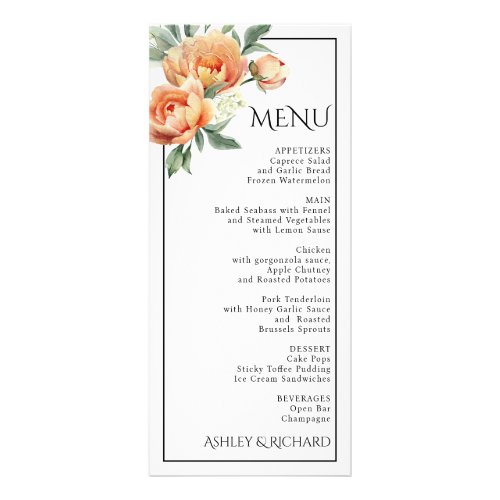 Peach peony flowers floral wedding menu card