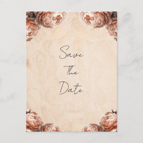Peach Peony Flowers Vintage Rustic Save the Date Announcement Postcard