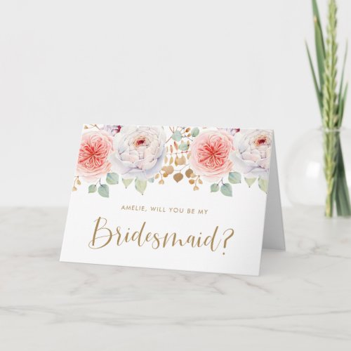 Peach Peony Gold Leaves Will You Be My Bridesmaid Invitation