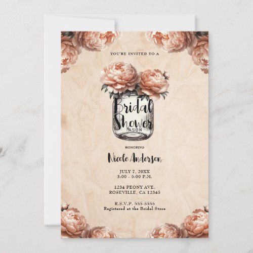 Peach Peony Mason Jar Rustic Bridal Shower  Invitation