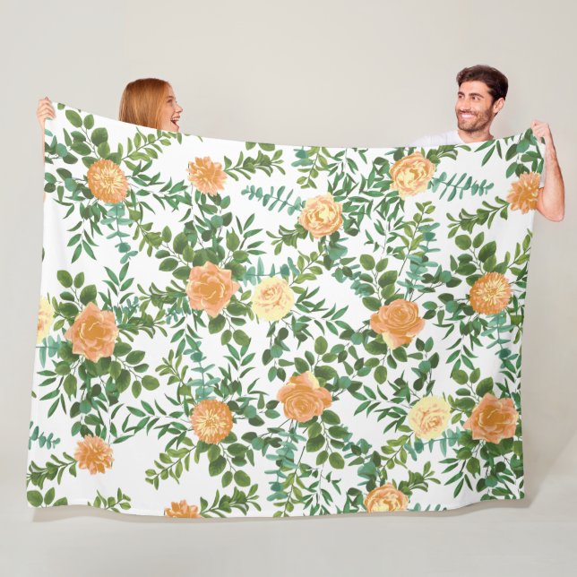 Peach Peony & Rose Floral Wedding Fleece Blanket (In Situ)