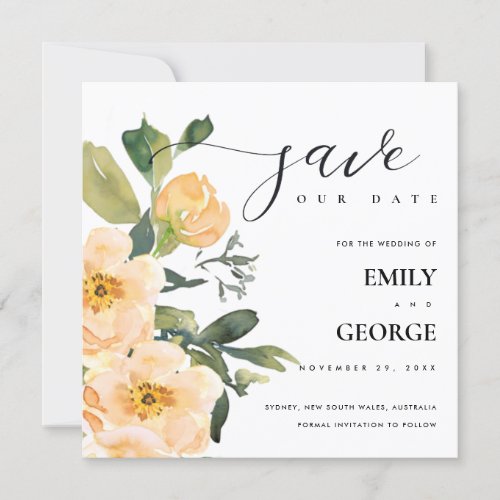 PEACH PEONY WATERCOLOR FLORAL SAVE THE DATE CARD