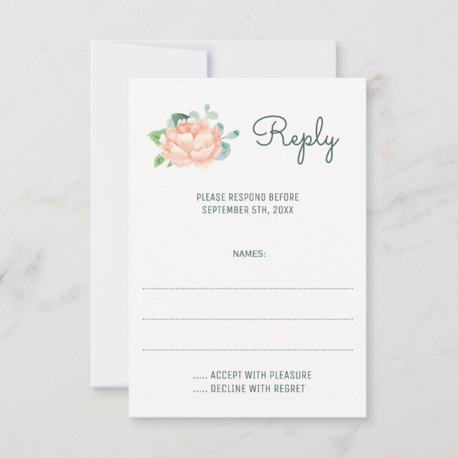 Peach Peony Watercolor Wedding Reply Cards (Front)