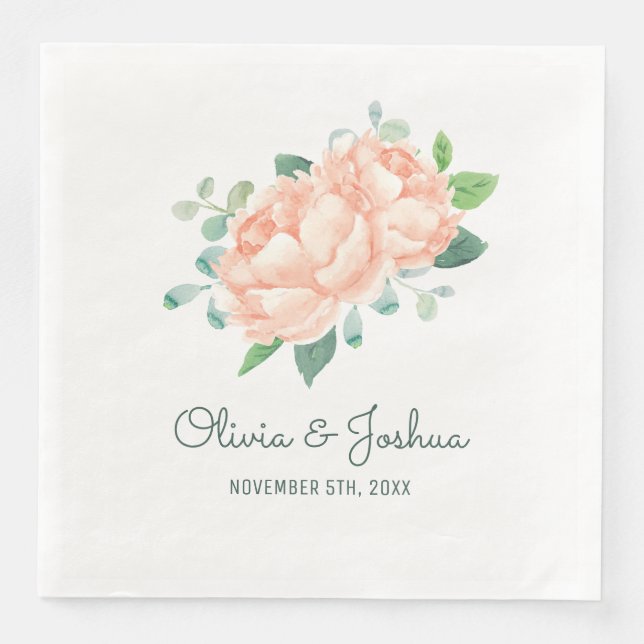Peach Peony Wedding Paper Dinner Napkins (Front)