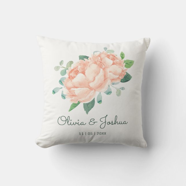 Peach Peony Wedding Throw Pillow (Front)
