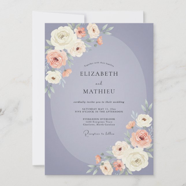 Peach Periwinkle Ranunculus Eucalyptus Wedding Invitation (Front)