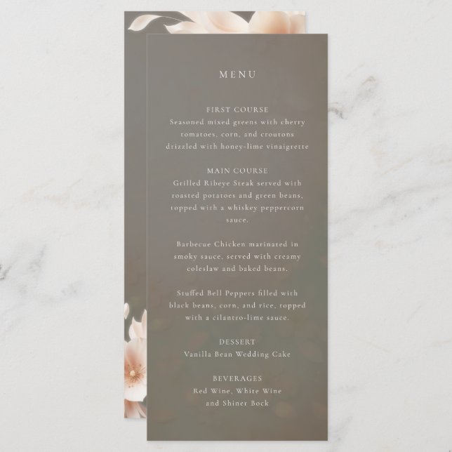 Peach petals taupe brown wedding menu (Front/Back)