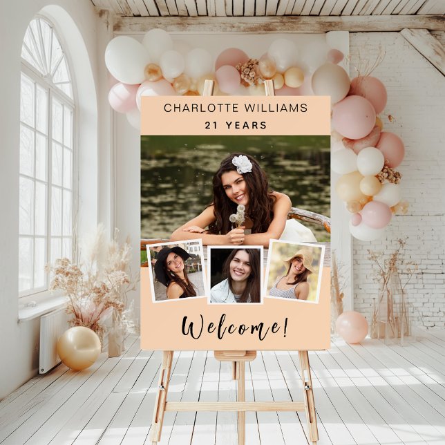 Peach photo collage birthday party welcome foam board (Creator Uploaded)