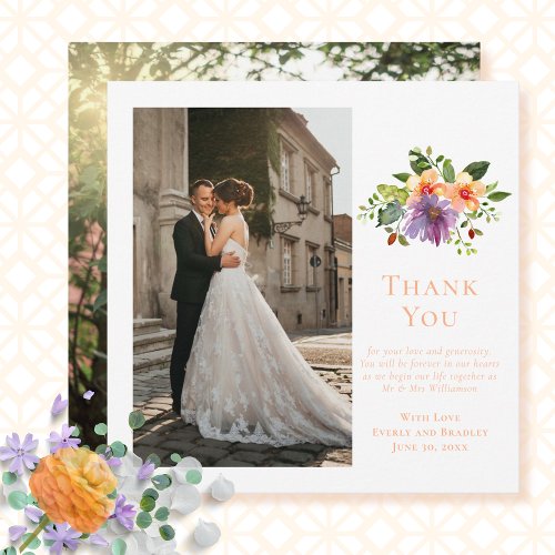 Peach Photo Watercolor Floral Wedding Thank You Invitation