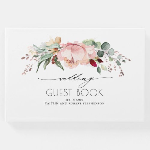 Peach Pink and Burgundy Blooms Wedding Guest Book