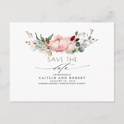 Peach Pink and Burgundy Floral Save the Date Postcard