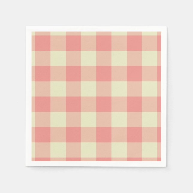 Peach Pink and Cream Gingham Pattern Paper Napkins (Front)