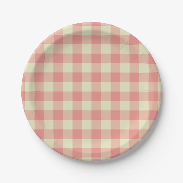 Peach Pink and Cream Gingham Pattern Paper Plates (Front)