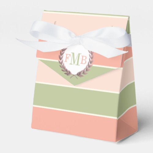 Peach pink and green stripes and initials wedding favor boxes