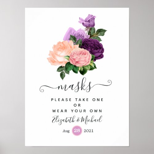 Peach Pink and Lavender Floral Wedding Face Masks Poster