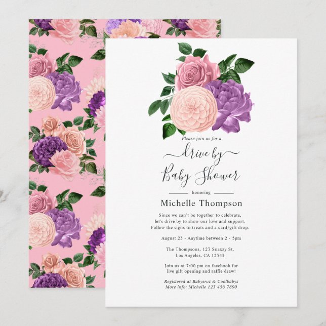 Peach Pink and Lavender Purple Drive By Shower Invitation (Front/Back)