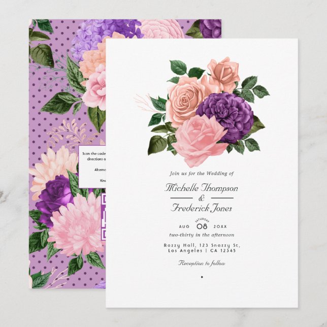 Peach Pink and Lavender Purple Floral Wedding Invitation (Front/Back)