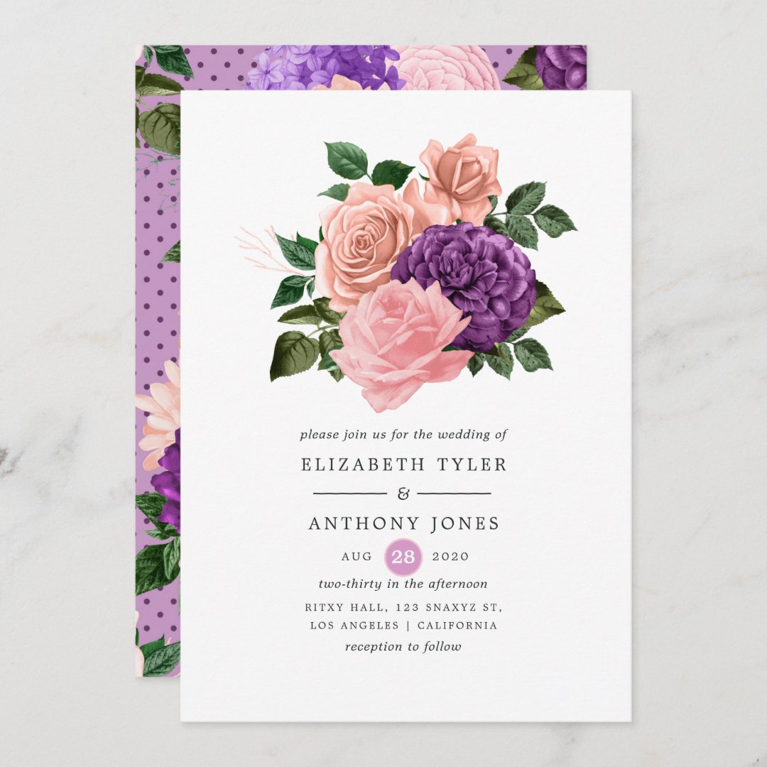 Peach Pink and Lavender Purple Floral Wedding Invitation | Zazzle