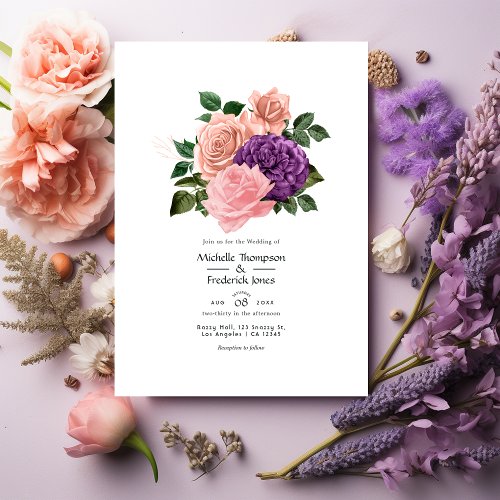 Peach Pink and Lavender Purple Floral Wedding Invitation