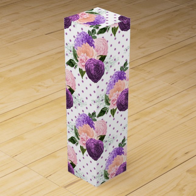 Peach Pink and Lavender Purple Floral Wine Box (Front)