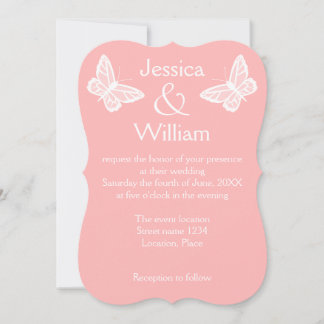Peach Pink And White Butterflies Wedding Invitation