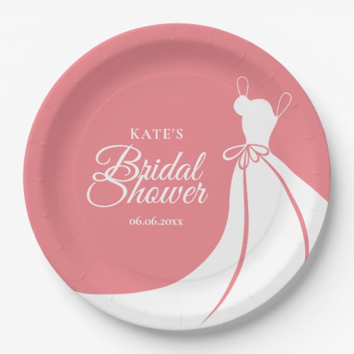 Peach Pink and White Elegant Gown Bridal Shower Paper Plates