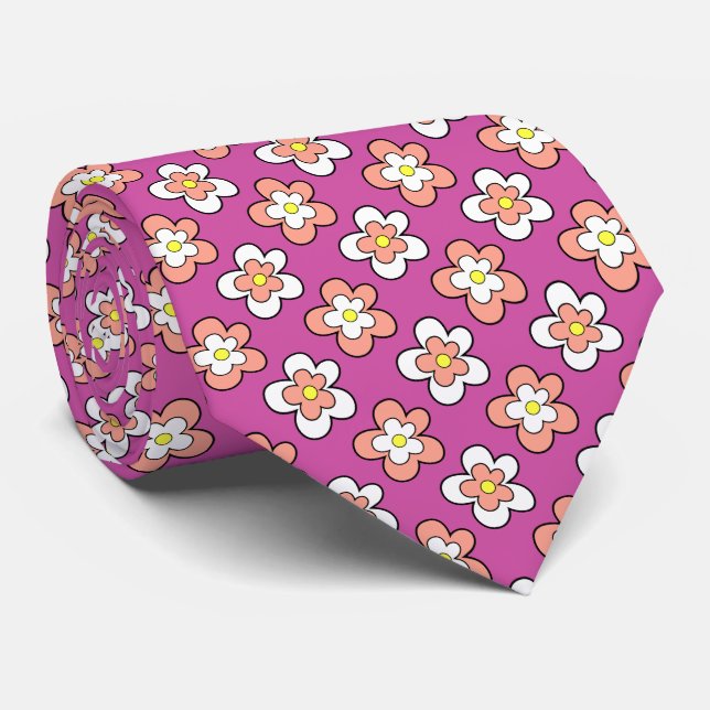 Peach Pink and White Flowers on Purple Neck Tie (Rolled)