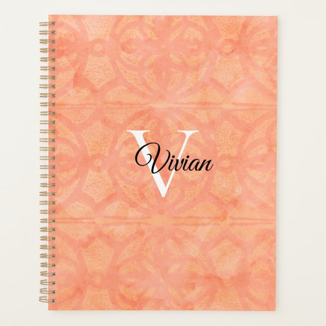 Peach Pink Batik Elegant Monogram Name Planner (Front)