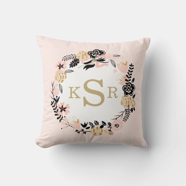 Peach Pink Black Gold Floral Wreath Monogrammed Throw Pillow (Front)