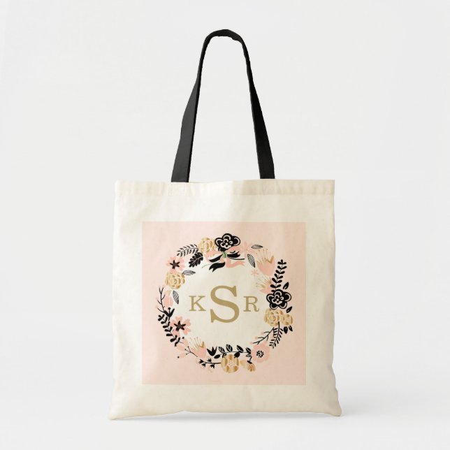 Peach Pink Black Gold Floral Wreath Monogrammed Tote Bag (Front)