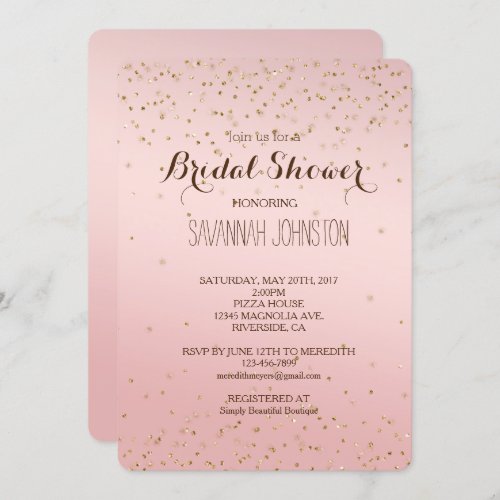 Peach Pink Blush Gold Glitz Confetti bridal   Invitation