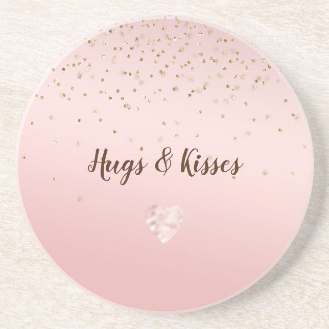Peach Pink Blush Gold Glitz Confetti Sparkle Heart Coaster (Front)