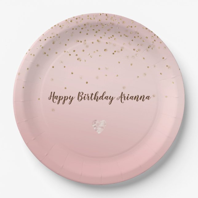 Peach Pink Blush Gold Glitz Confetti Sparkle Heart Paper Plates (Front)