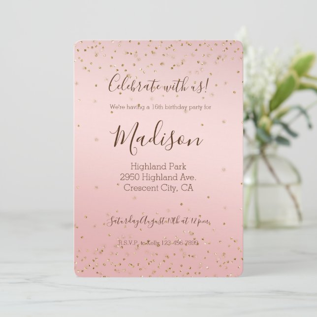 Peach Pink Blush Gold Glitz Confetti Sparkle Invitation (Standing Front)