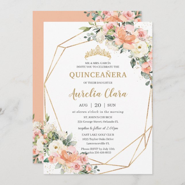 Peach Pink Blush Ivory Floral 15th Quinceañera Invitation (Front/Back)